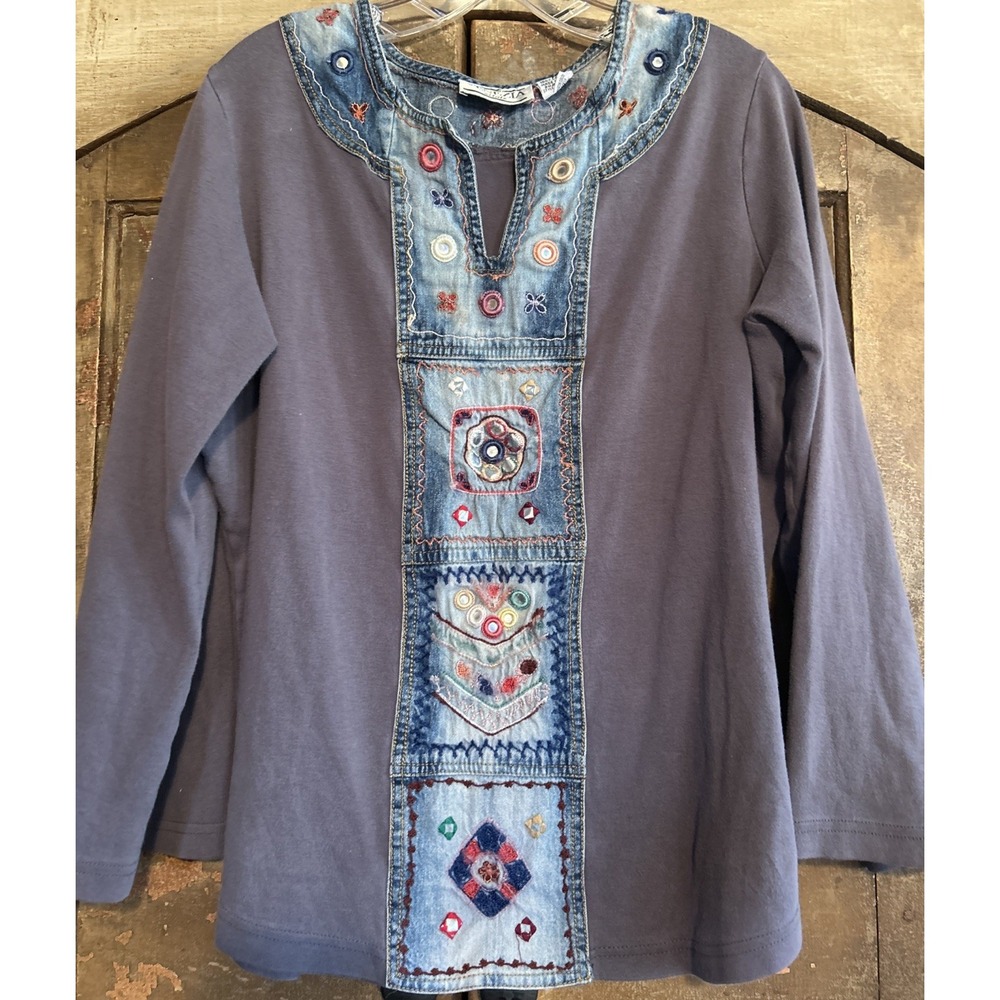 Vtg Venezia Vitale Top Denim Panel Embroidered Mirrors Shirt Womens Pullover Med